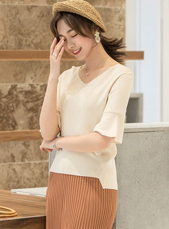 Apricot V-neck Flare Sleeve Knitted T-Shirt
