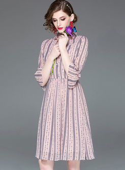 Pink O-neck Tied High Waist Striped Dress