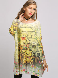 Cute O-neck Teddy Print Knitted Mini Dress