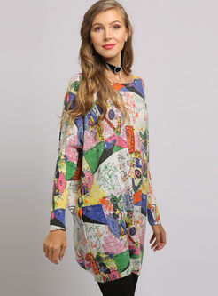 Stylish O-neck Print Pullover Loose Dress