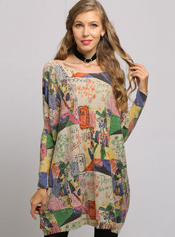 Stylish O-neck Print Pullover Loose Dress