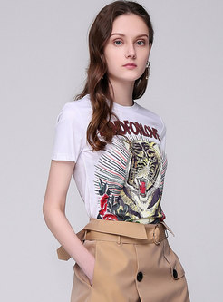 Sequined Color-blocked Print Short Sleeve T-shirt