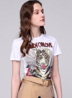 Sequined Color-blocked Print Short Sleeve T-shirt