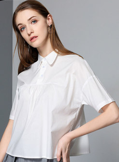 Brief White Turn-down Collar Cotton Short Blouse 