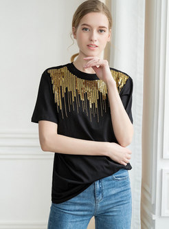 Casual O-neck Sequins Loose T-shirt