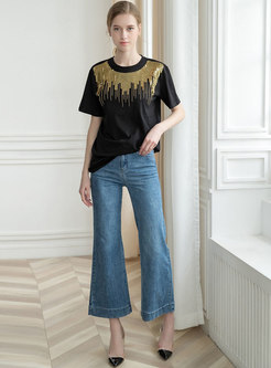 Casual O-neck Sequins Loose T-shirt