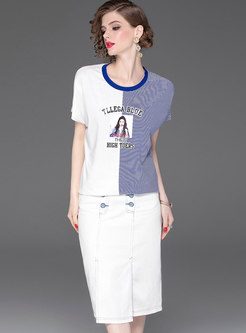 Casual O-neck Print T-shirt & High Waist Bodycon Skirt
