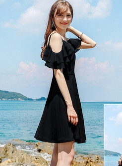 Trendy Sexy Solid Color Backless Ruffle Sleeve Skater Dress
