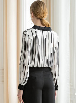 Color-blocked Striped Lapel Pullover Blouse
