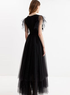 Black V-neck Mesh High Waisted Party Dress