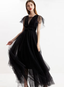 Black V-neck Mesh High Waisted Party Dress