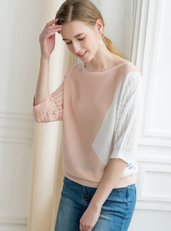 Casual Color-blocked Half Sleeve Knitted Sweater