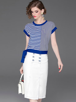 Casual Striped O-neck T-shirt & Slit Sheath Skirt