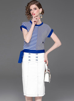 Casual Striped O-neck T-shirt & Slit Sheath Skirt
