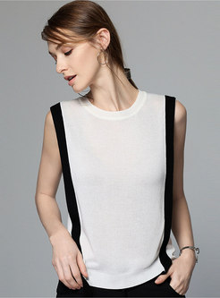 Brief Splicing Striped Sleeveless Knitted T-shirt 
