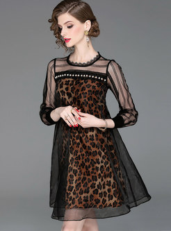 Sexy Leopard Splicing See-though Shift Mini Dress