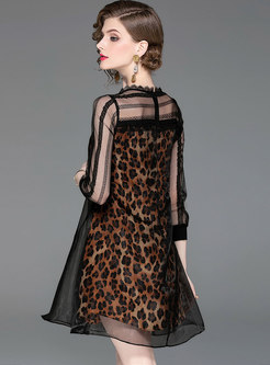 Sexy Leopard Splicing See-though Shift Mini Dress