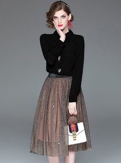 Black Lapel Drilling Blouse & High Waist Sequins Gauze Skirt