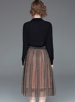 Black Lapel Drilling Blouse & High Waist Sequins Gauze Skirt