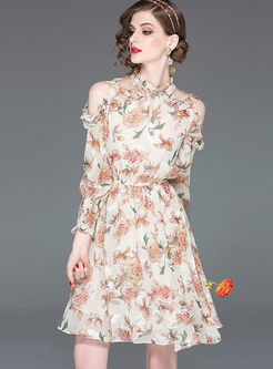 Stylish Standing Collar Off Print Dress
