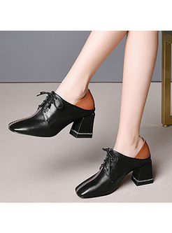 Color-blocked Square Head Chunky Heel Shoes