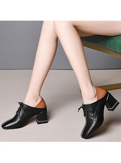 Color-blocked Square Head Chunky Heel Shoes