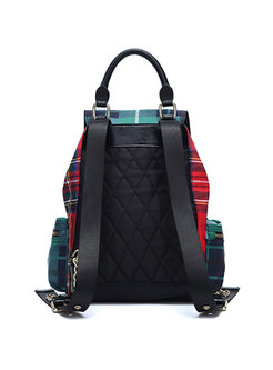 Casual Color-blocked Plaid Buckle Backpack