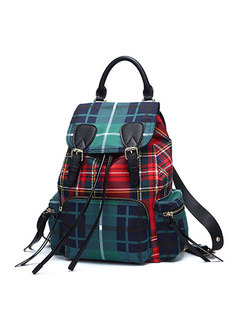 Casual Color-blocked Plaid Buckle Backpack
