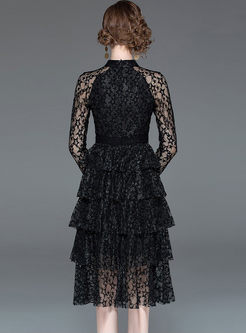 Standing Collar Long Sleeve Lace Dress