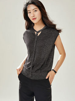 Stylish V-neck Sleeveless Knitted T-shirt