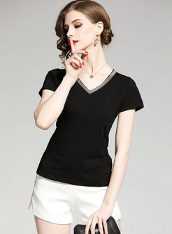 Brief V-neck Short Sleeve Cotton T-shirt