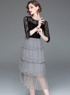 Color-blocked Lace Splicing Perspective Cake Dress