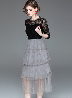 Color-blocked Lace Splicing Perspective Cake Dress