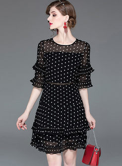 Fashion O-neck Half Sleeve Polka Dot Dress