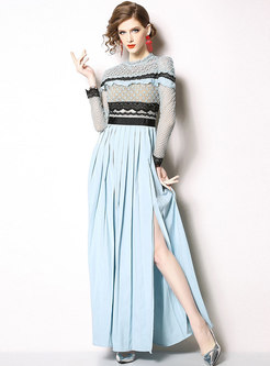 Lace Patchwork Gathered Waist Pleated Maxi Dress