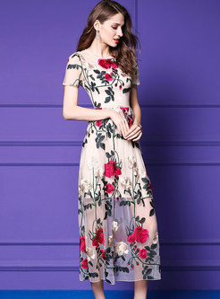 Trendy Mesh Flower Pattern Embroidered Maxi Dress