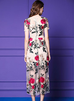 Trendy Mesh Flower Pattern Embroidered Maxi Dress