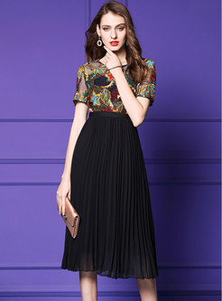 Vintage Splicing Color-blocked Gathered Waist Pleated Dress