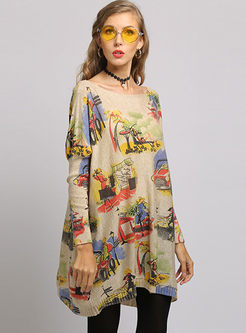 O-neck Long Sleeve Plus Size Print Dress