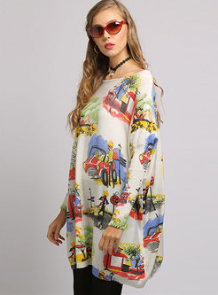 O-neck Long Sleeve Plus Size Print Dress