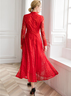 Elegant Stand Collar Long Sleeve Embroidered Lace Dress