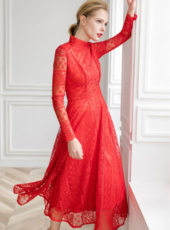 Elegant Stand Collar Long Sleeve Embroidered Lace Dress