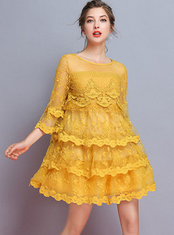 Polka Dot Embroidered Splicing Flare Sleeve Dress
