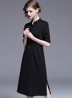 Solid Color Short Sleeve Slit Chiffon Dress