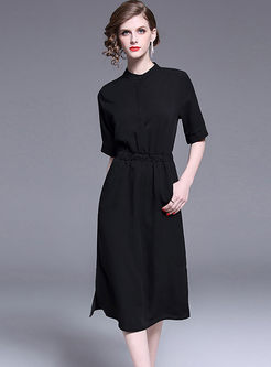 Solid Color Short Sleeve Slit Chiffon Dress