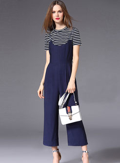 Striped Pullover T-shirt & Wide Leg Overalls