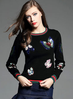 Casual O-neck Butterfly Print Sweater