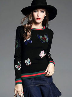 Casual O-neck Butterfly Print Sweater