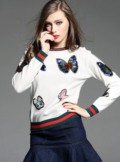 Crew Neck Butterfly Sequin Pullover Sweater