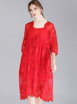 Lace V-neck Plus Size Tie-waist Loose Dress With Cami
